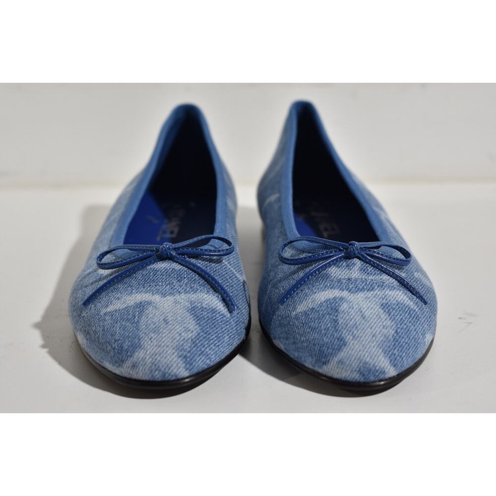 Chanel 23B Printed Denim Blue White CC Logo Bow Tie Ballet Ballerina Flat 37.5 - Picture 5 of 12